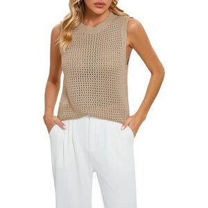 🆕 Women Khaki Mesh Crochet Tank Top Sexy Sleeveless Crew Neck Knit Loose Shirt